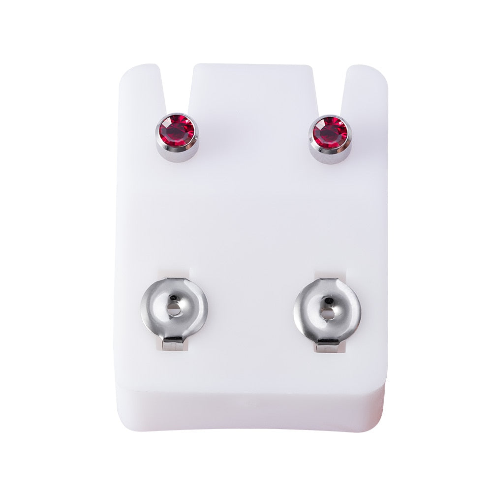 Birthstone CZ Ear Stud Earrings in Two Pieces with Gold Plated Steel or Stainless Steel Backs.