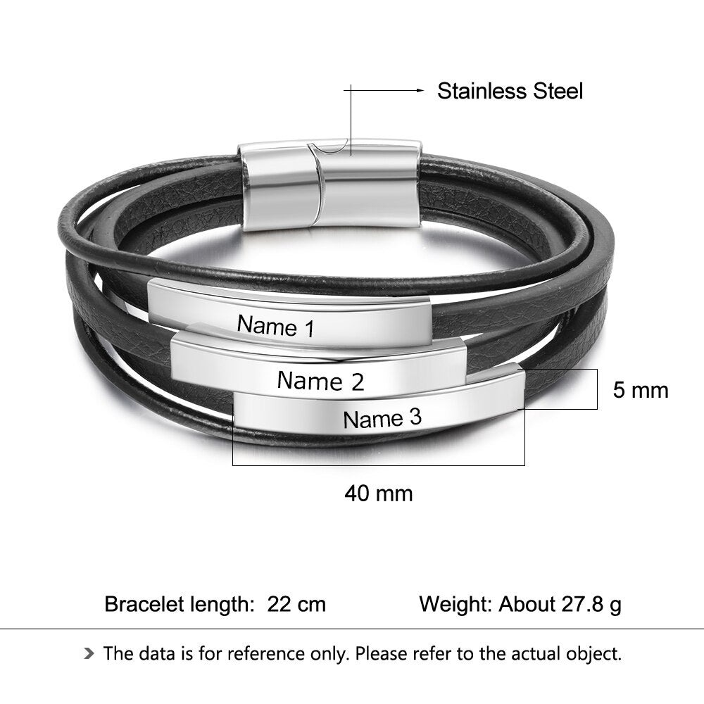 JewelOra Personalized Free Engraving Name Bar Bracelets for Men Stainless Steel Multilayer Leather Bracelet Men Jewelry Gifts