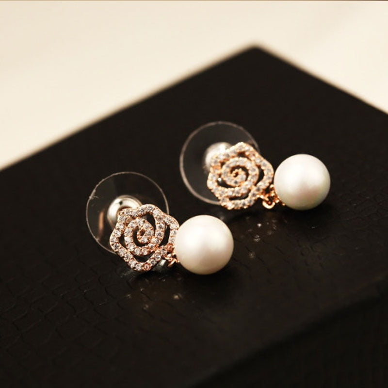 Elegant Women's Rose Quality Earrings With Full Crystal Flowers only or with Pearl.