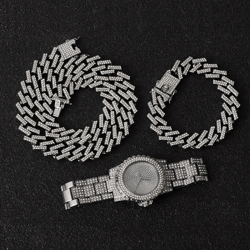 Hip Hop Necklace +Watch+Bracelet Bling Iced Out Miami Zircon Cuban Prong Pave Rhinestone Men Bracelet Necklace For Men Jewelry