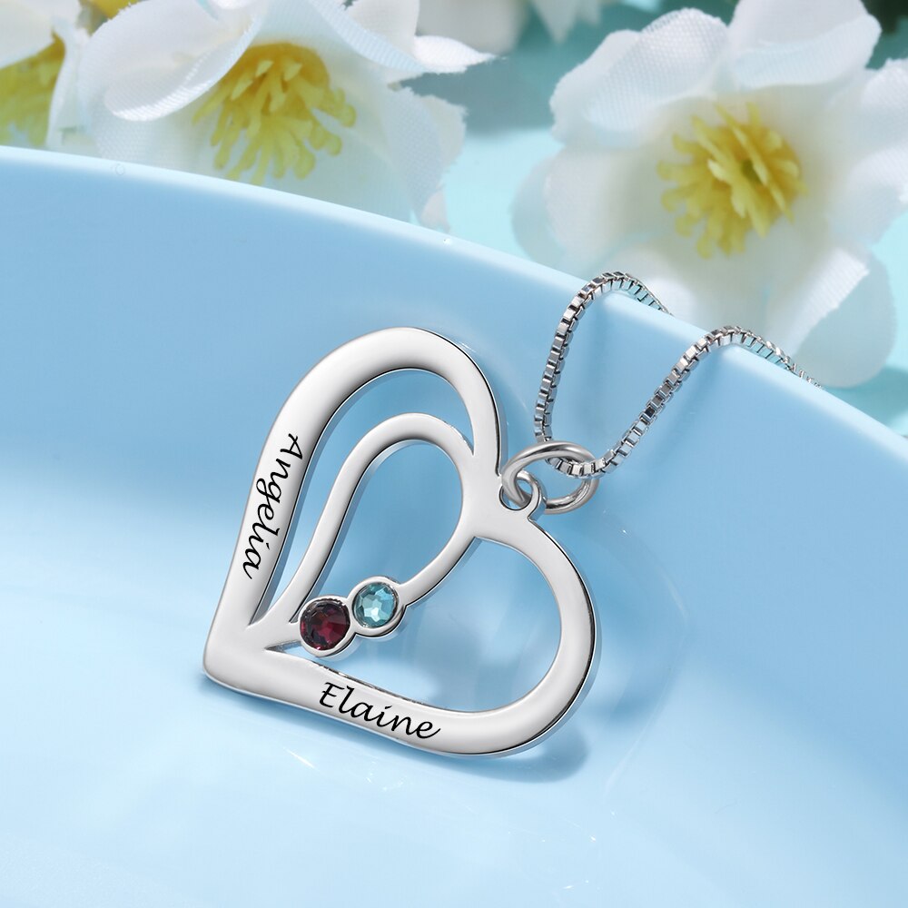 Personalized Engraved Name Heart Necklaces &amp; Pendants for Women Custom Birthstone Silver Color Friendship Necklace