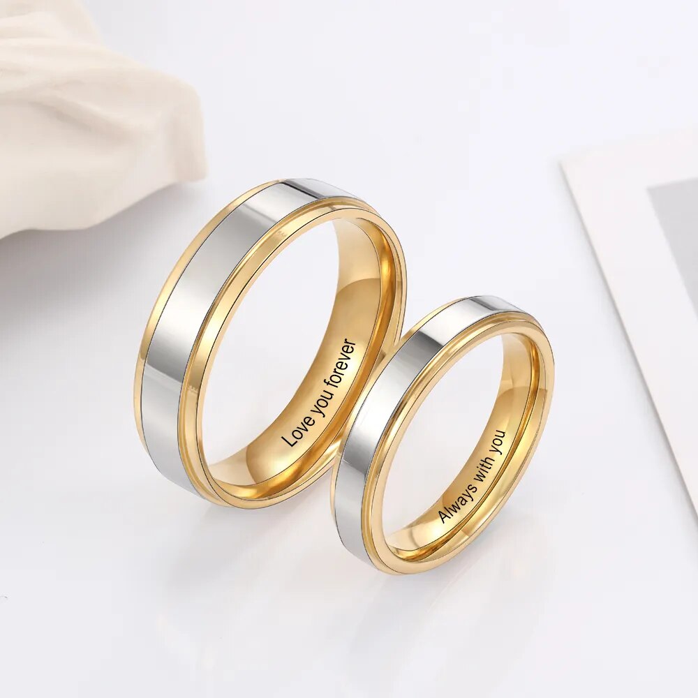 Personalized Jewelry Gold-color Stainless Steel Couple Rings for Women Men Customized Engraving Name Promise Ring for Lovers