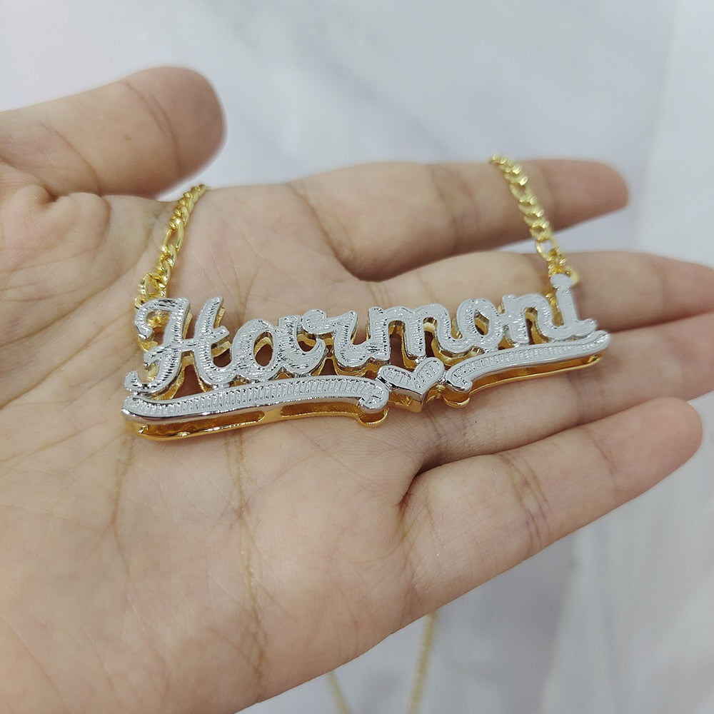 Custom Necklace Double Gold-plated Nameplate 3D Necklace Personalized Necklaces Choker Women Figaro Chain Name Necklace. Your lucky number or handwriting can also be made.