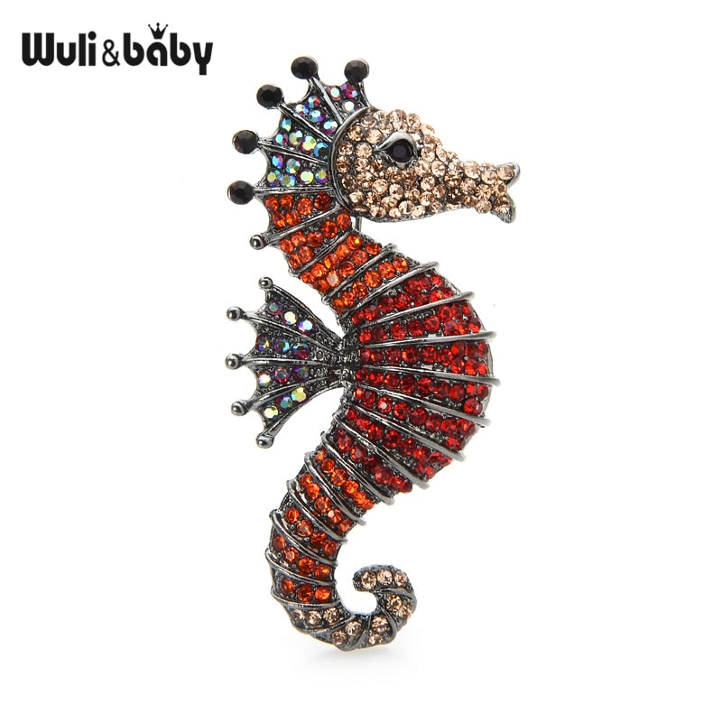 Wuli&amp;baby Sparkling Rhinestone Seahorse Brooches 3-color Sea Animal Office Casual Brooch Pins Gifts