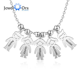 JewelOra Personalized Engraved Name Necklace with Boy Girl Charms Customized Name Stainless Steel Children Pendant for Women