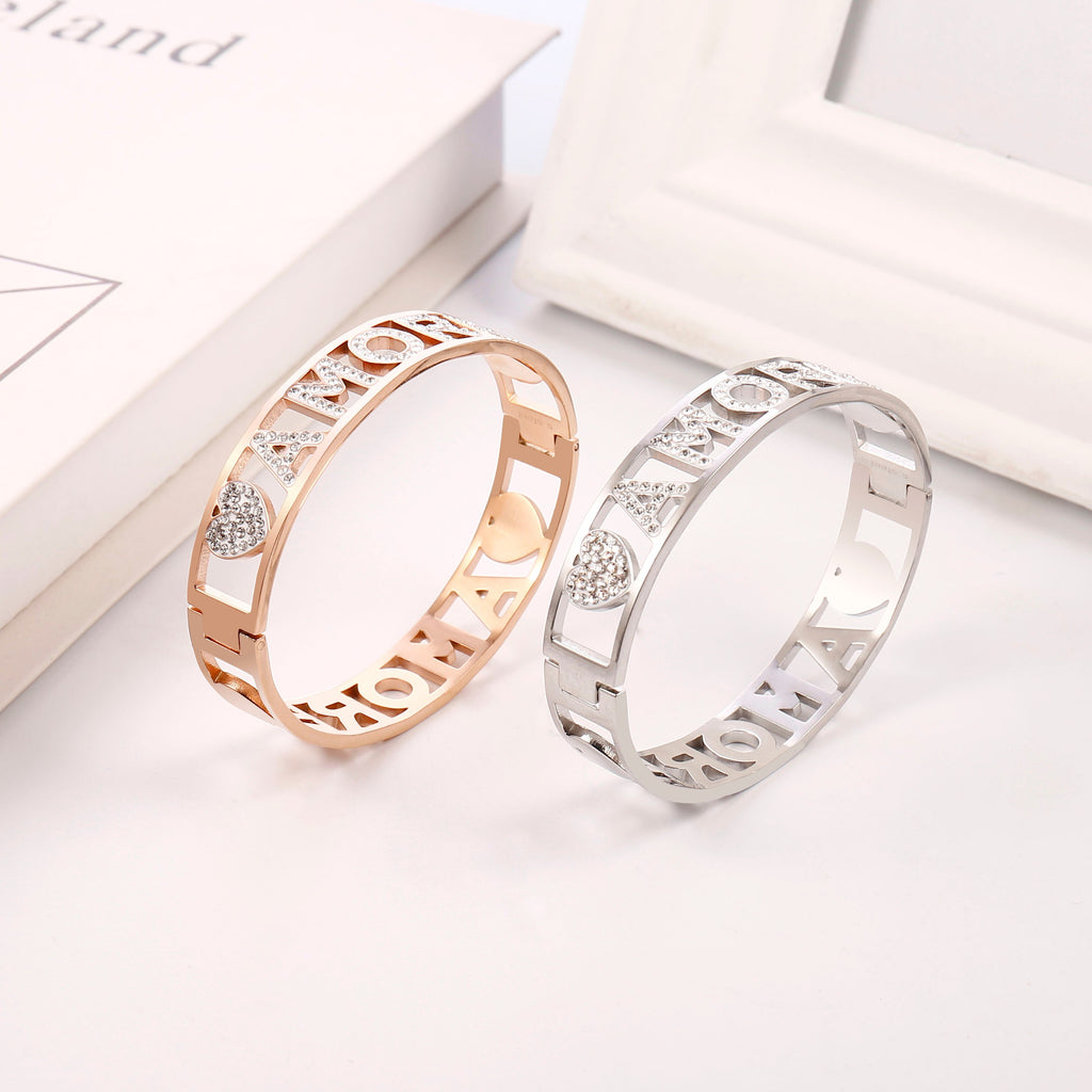 Rose Gold Amore Crystal Letter Bangle Bracelet For Women Stainless Steel Bangle Gift Jewelry Bijoux femme 2020 Wholesale