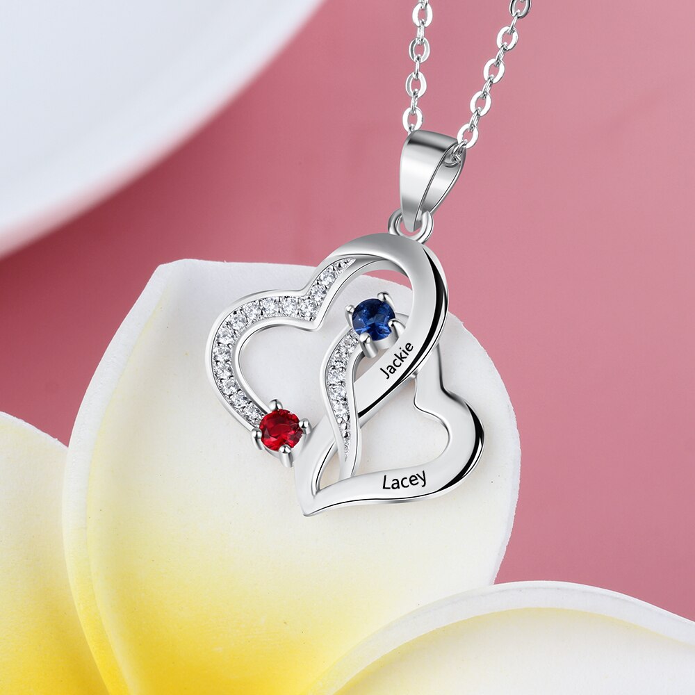 JewelOra Personalized Engraved Pendant Necklaces for Women Customized 2 Birthstones Intertwined Heart Necklace Wedding Jewelry
