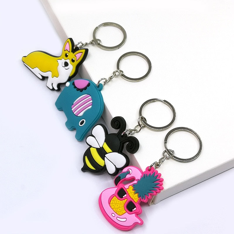 kids 1pcs PVC key ring cute animal Cartoon Keychain Lovely Mini dog frog cat shape Key holder fit women men kids keys accessories