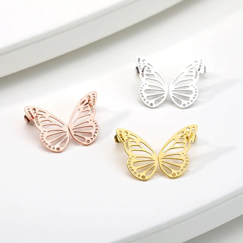 Gold Color Hollow Butterfly Small Earrings Elegant Fan Shaped Women Stainless Steel Stud Earrings Fashion Jewelry Pendientes BFF