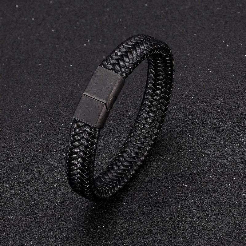 MKENDN Punk Men Leather Bracelet Black Stainless Steel Magnetic Clasp Braided Woven Bangle Pulseras lovers&#39; gift