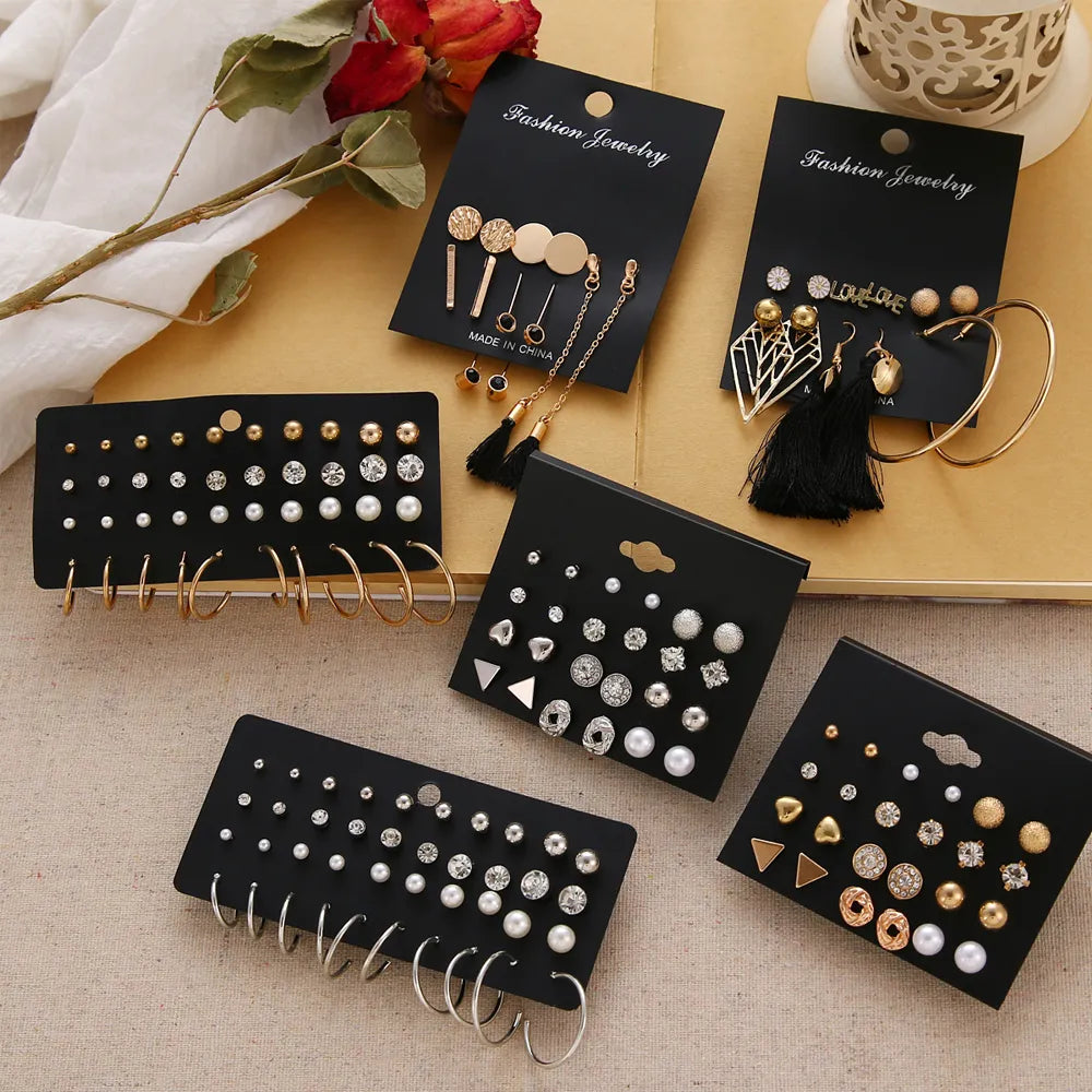 EN 12 Pairs Flower Women&#39;s Earrings Set Pearl Crystal Stud Earrings Boho Geometric Tassel Earrings For Women 2021 Jewelry Gift