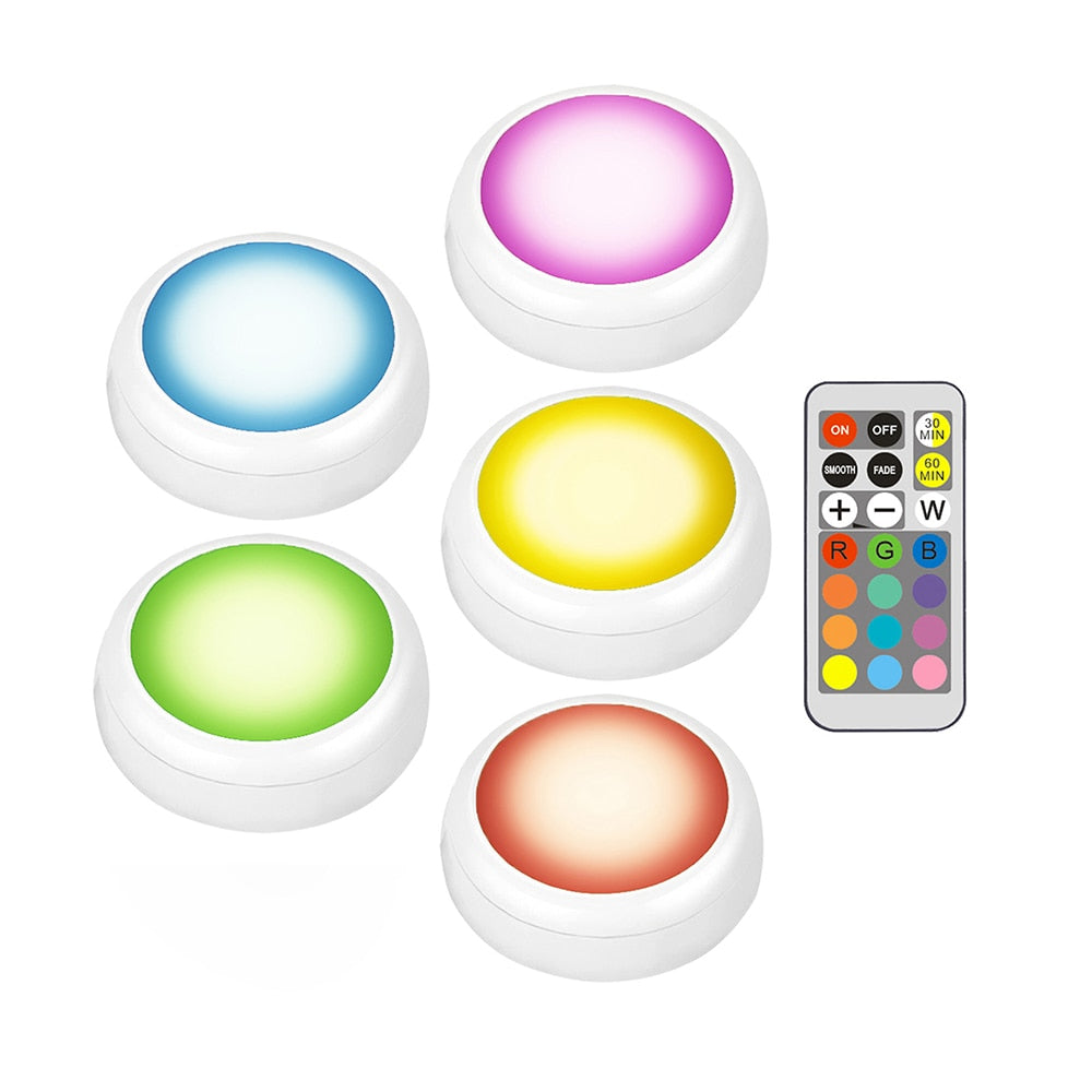 AIBOO LED Cabinet battery RGB Color Puck Lights Dimmable Under Shelf Kitchen  Counter Lighting remote controller night light