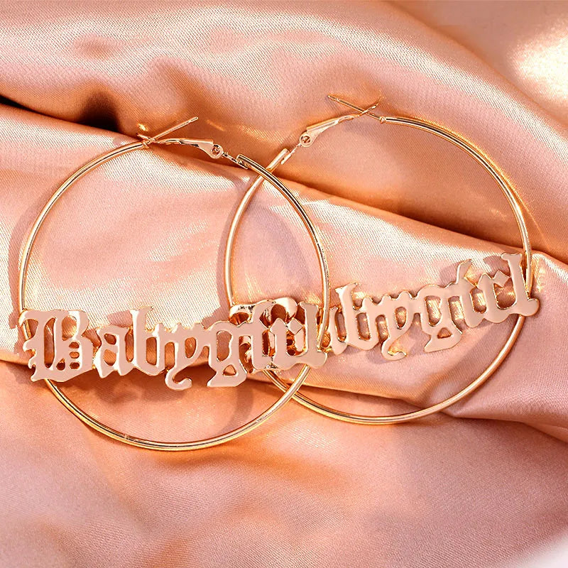 Flatfoosie Punk Hip-hop Hyperbole Big Circle Hoop Earrings Gold Silver Color Babygirl Letter Earrings Women Fashion Jewelry