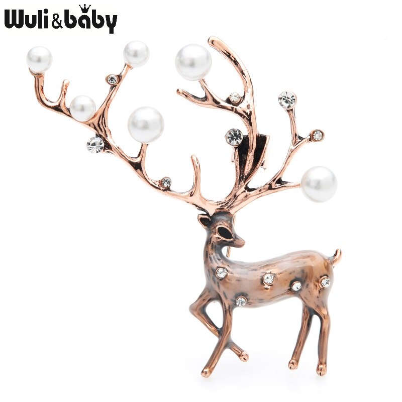 Wuli&amp;baby Red Brown Enamel Deer Brooches Women Alloy Pearl Elk Animal Brooch Pins Gifts
