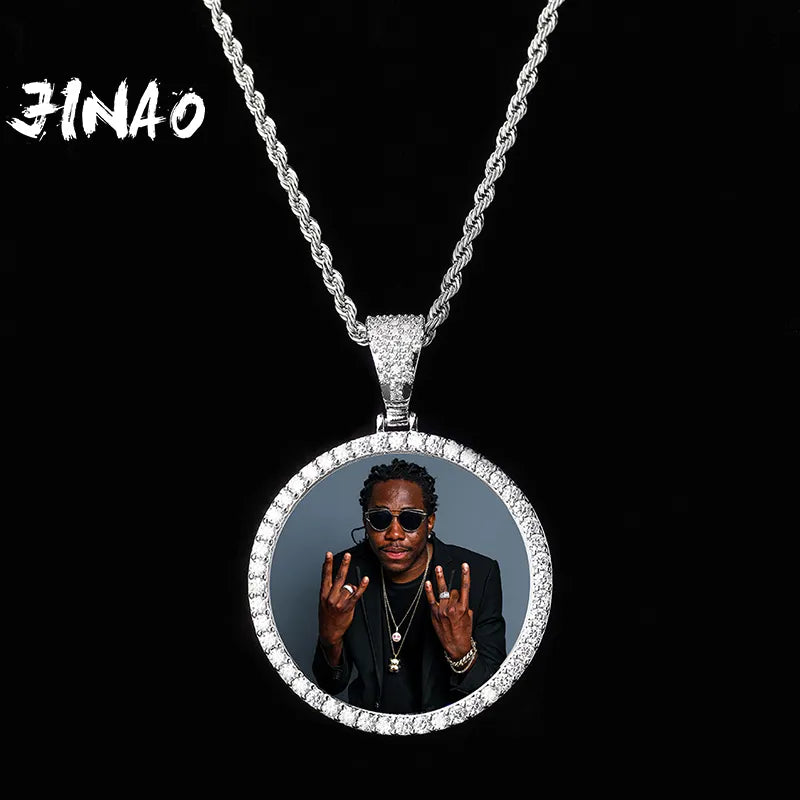 JINAO NEW Custom Ice out Large size Photo Round Necklace &amp; Pendant With 4mmTennis Chain AAA Cubic Zircon Hip hop Jewelry