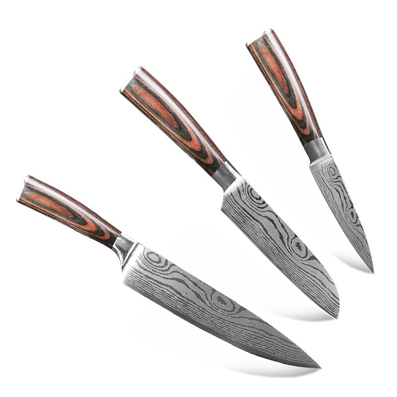 10pcs Damascus Kitchen Knife Set Laser Pattern Professional Chef Knives 440C Stainless Steel Knife Sharpener