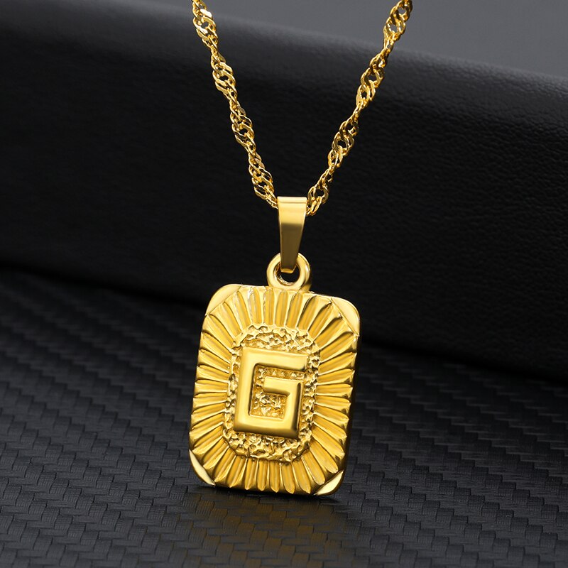 Initial Plate Necklaces For Women Stainless Steel Plate Necklace Letter Square Charm Water-Wave Chain Boho Jewelry Gift Bff