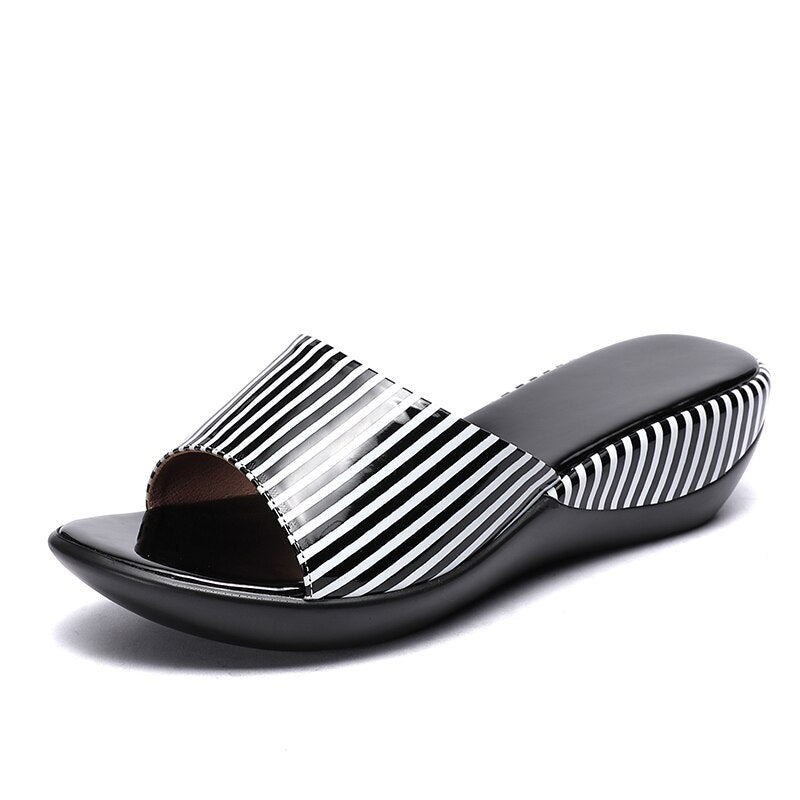 GKTINOO Women Slipper's 2023 Ladies Summer Slippers Shoes Women Wedges Heels Striped Fashion Summer Shoes Geuine Leather