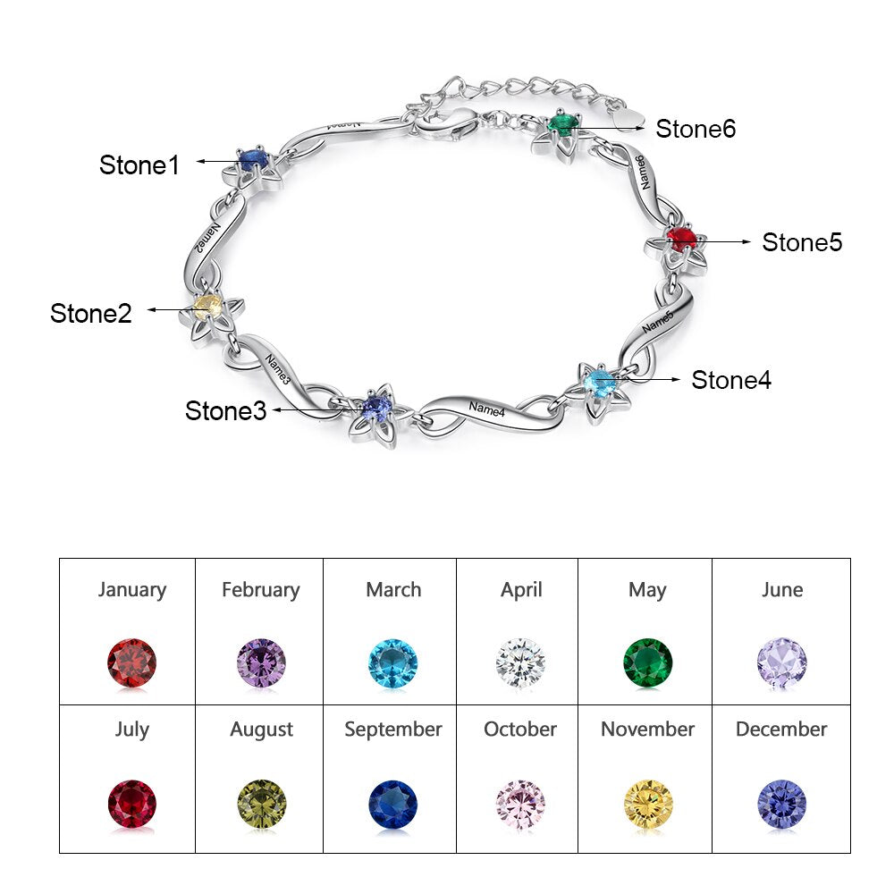 JewelOra Personalized Name Engraving Infinity Bracelet Customized 2-7 Inlaid Birthstone Flower Bracelets for Women Mothers Gifts