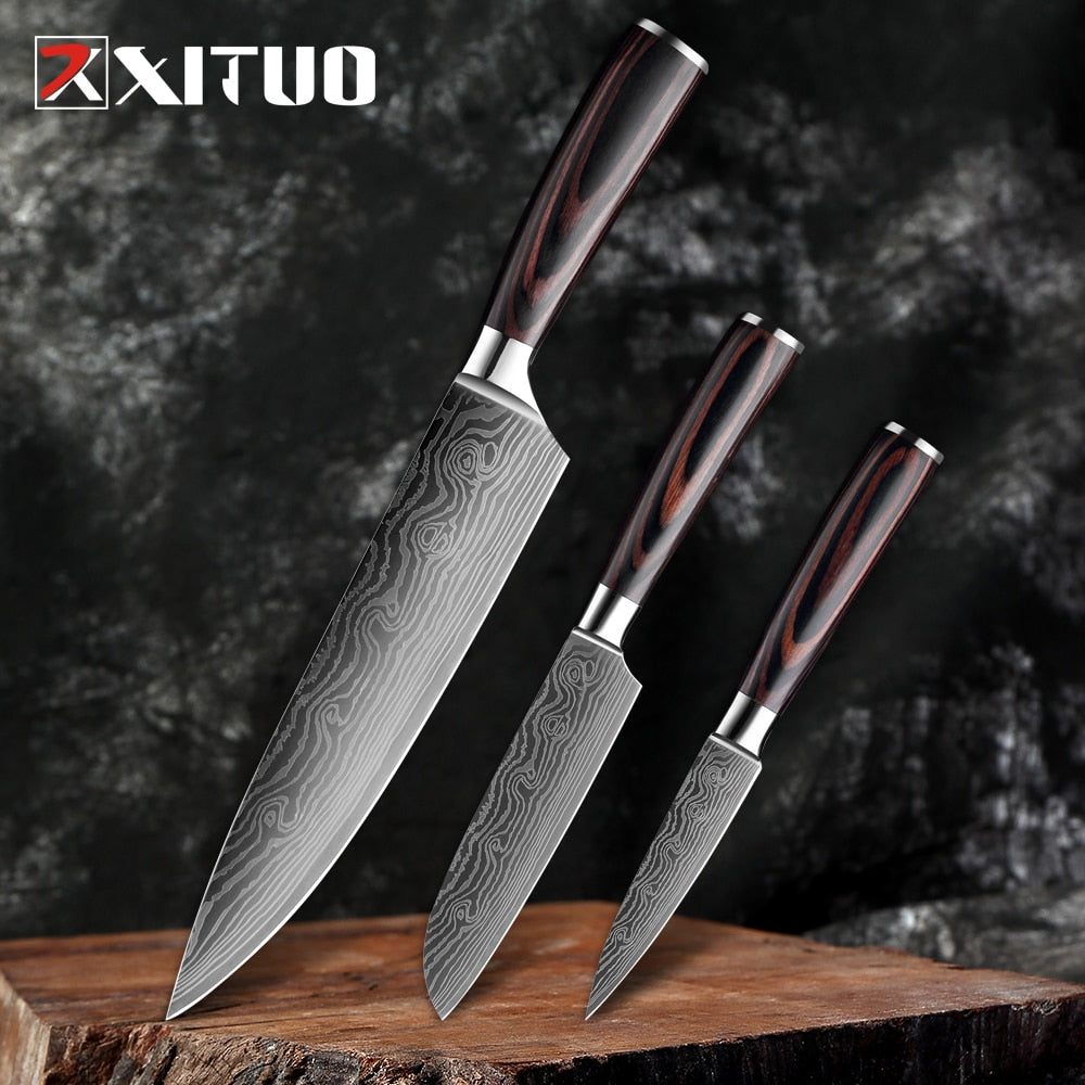 XITUO  8&quot;5&quot;3.5&quot; Japanese chef knife set 3 pcs Damascus steel Pattern kitchen knives sets Cleaver Paring Santoku Slicing utility