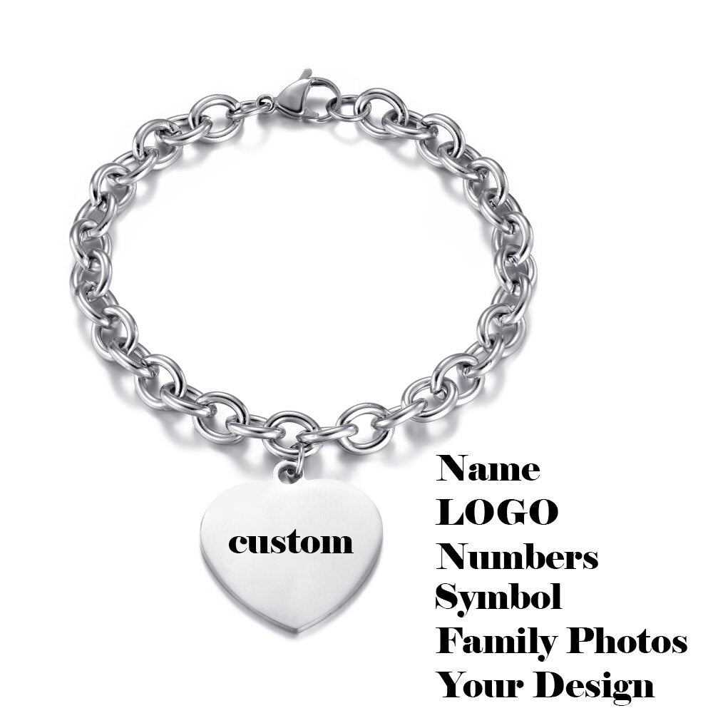 Customized Bracelet For Men Women Stainless Steel Heart Round Charm Trend Jewelry Engraving Photos Name Logo Bracelets Gift