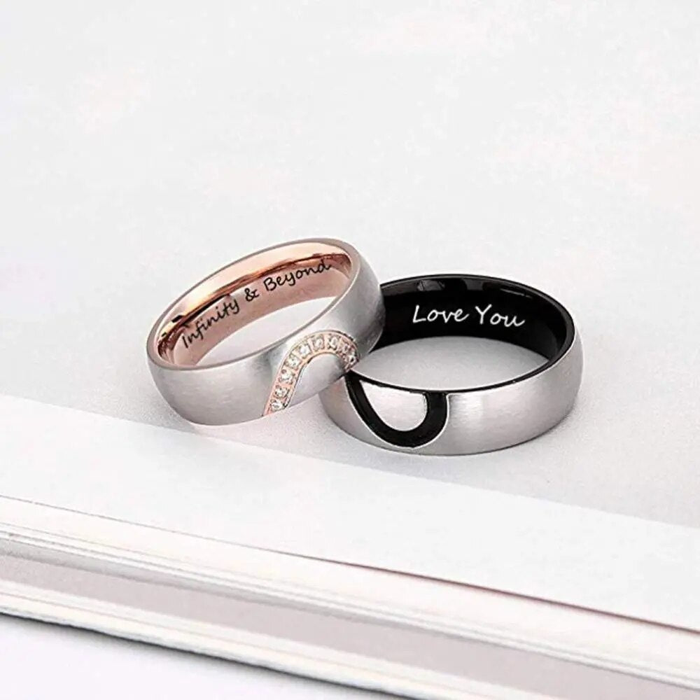 Personalized Heart Couple Rings with Zirconia Custom Inside Engraving Wedding Engagement Rings for Women Men Promise Gift