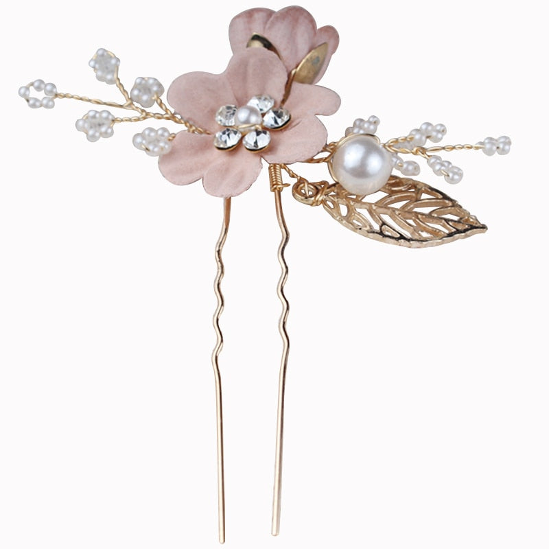 Bridal Wedding Hair Accessories Fashion Pearl Crystal Cloth Flower Hair Combs Headdress Gold Leaves Hair Jewelry Hair Pins