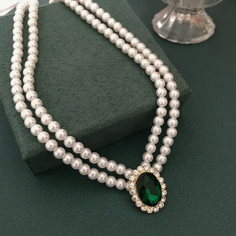 Elegant Green Pendant Charm Necklace, Romantic Pearl Choker Double-Layer Necklace Free-Shipping