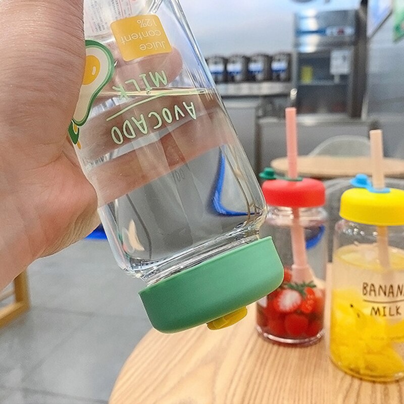 Water bottle cute fruit straw creative student couple transparent glass water cup cup with lid juice drink water cup gift office