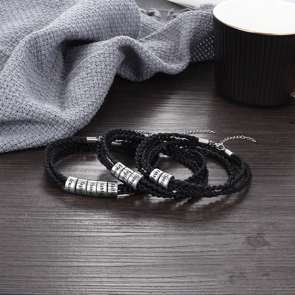 Personalized Stainless Steel Custom Name Beads Bracelet Adjustable Multilayer Braided Rope Men Bracelets Dad Gift