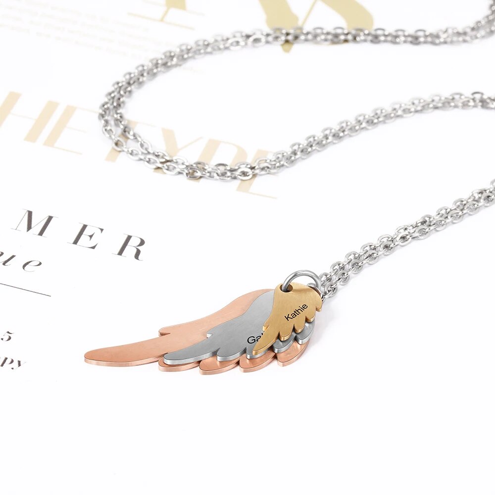 Personalized Wings Necklace with 3 Names Mixed Steel &amp; Rose Gold &amp; Gold Color Custom Family Engraved Necklace(JewelOra NE103785)