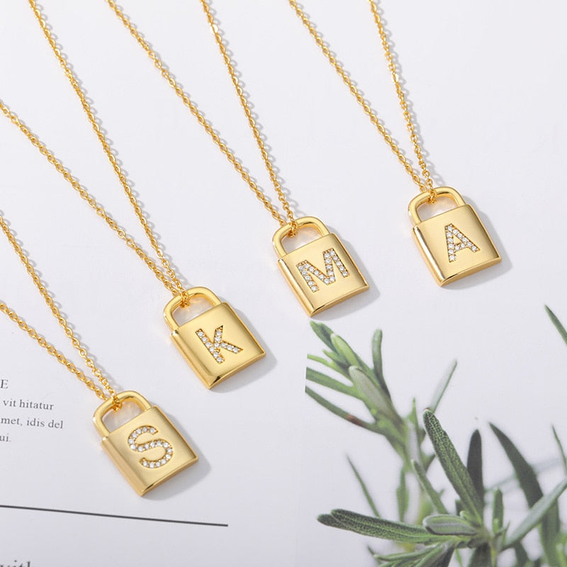 Necklace With Initial Letter Zircon Lock Pendant Stainless Steel Chain Women Couple Jewelry Gift Choker Men Punk Collar Candado