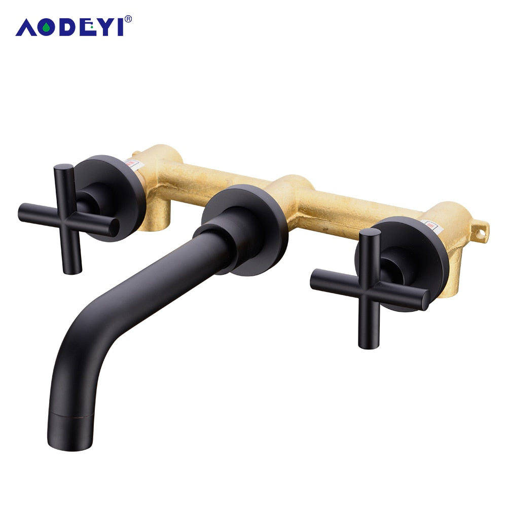 Bathroom Faucets Matte Black Brass Double Handle Wall Mounted Sink Hot Cold Water Taps Brushed Gold Basin Mixer Tapware Set