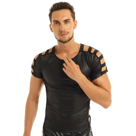 Men's Black Party T-Shirt: Slim Fit Muscle Top with Faux Leather, Elastic Band, and Fashionable Cut-Out Design for Clubwear and Raves