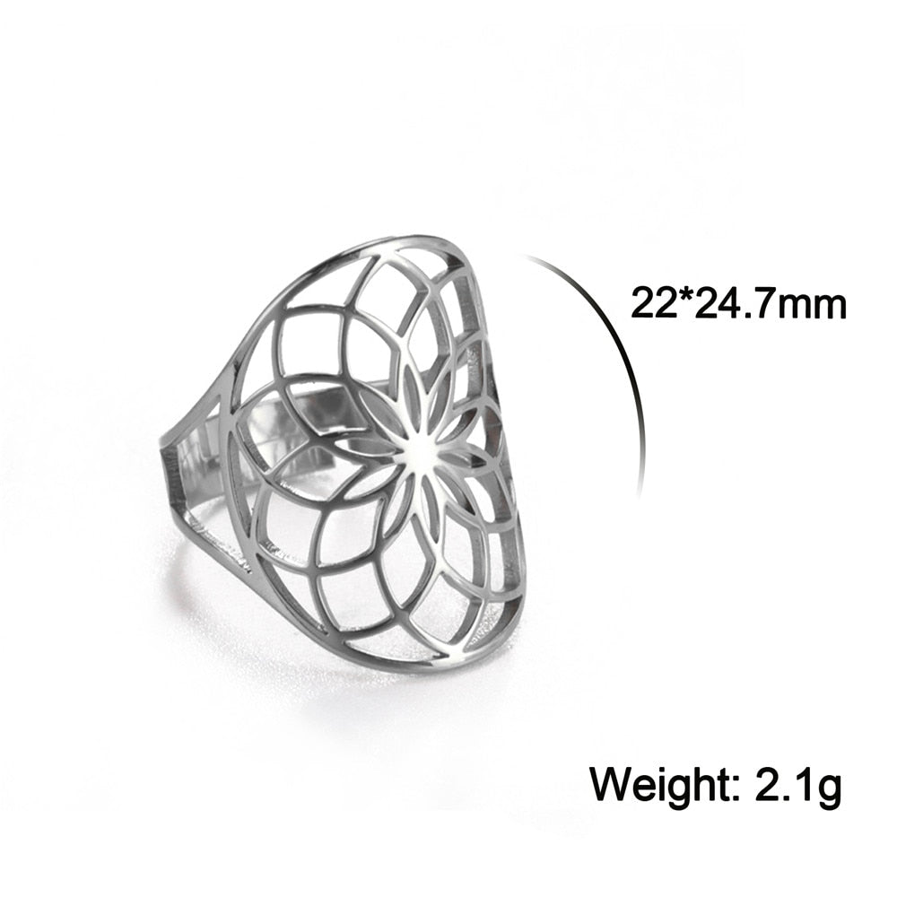 Skyrim Viking Flower of Life Ring Vintage Adjustable Stainless Steel Sacred Geometry Rings for Women Amulet Jewelry Wholesale