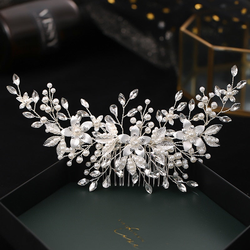 Luxury Women Comb Jewelry Handmade Alloy Imitation Pearl Silver Color Flower Hair Comb Bridal Wedding Headdress Headpeice VL