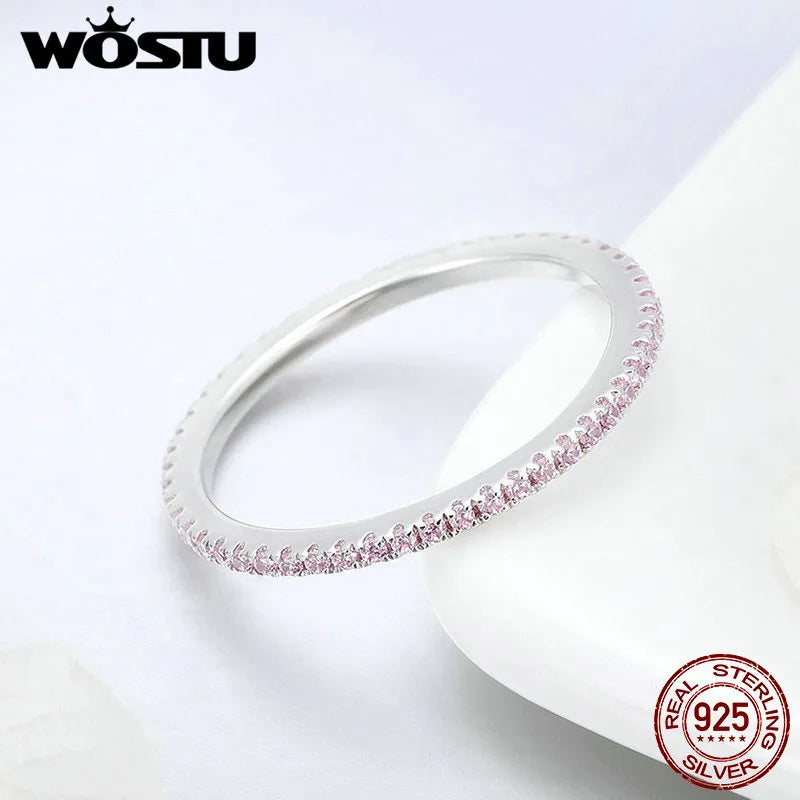 WOSTU Real 925 Sterling Silver Glitter Pink CZ Stackable Circle Finger Rings For Women Engagement Silver Jewelry CQR066