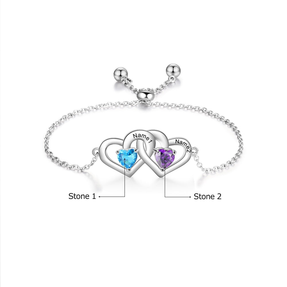 JewelOra Customized 2 Birthstones Adjustable Chain Bracelet Personalized Intertwined Hearts Engraved Name Bracelets for Women