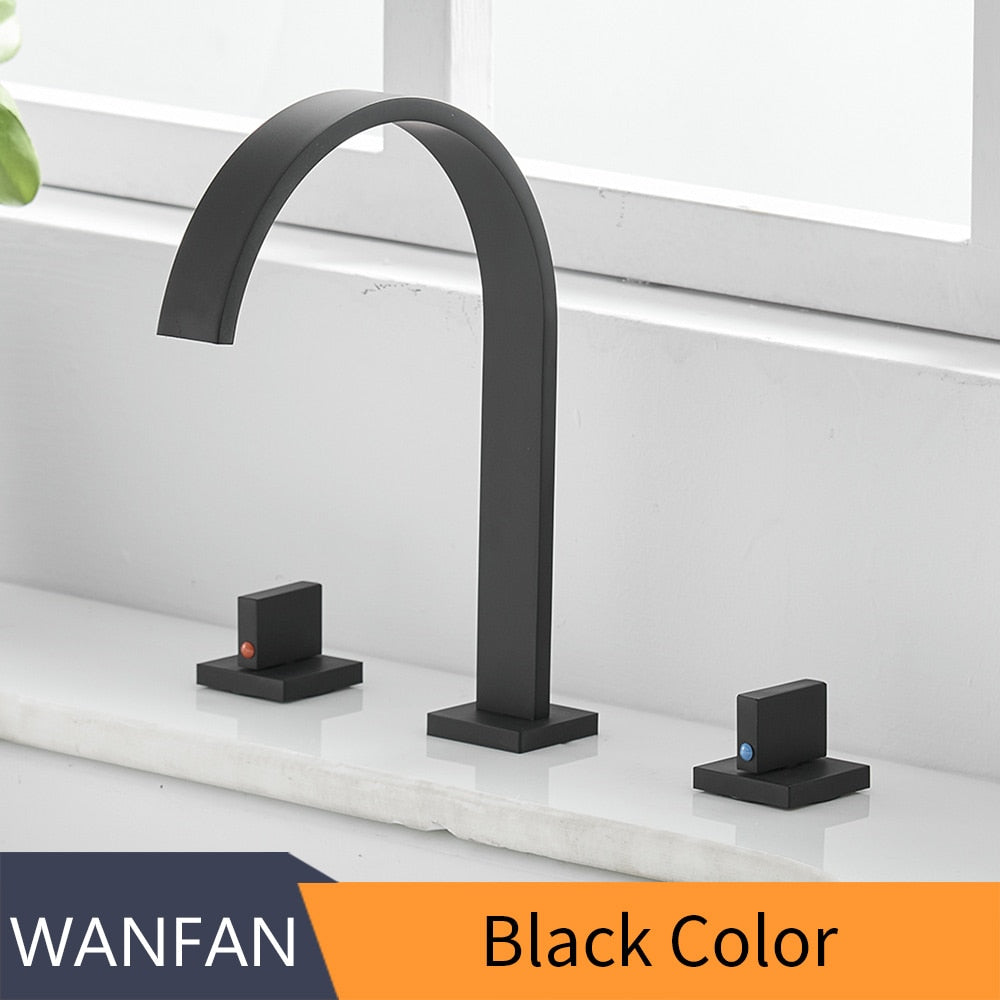 Basin Faucets Brass Polished Black Deck Mounted Square Bathroom Sink Faucets 3 Hole Double Handle Hot And Cold Water Tap LT-109R