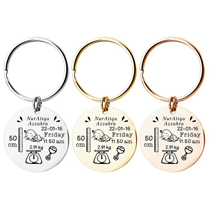 Customized Baby Date Of Birth Round Keychain Engraved Photo Names Keyrings Stainless Steel Newborn Keepsake Keyring