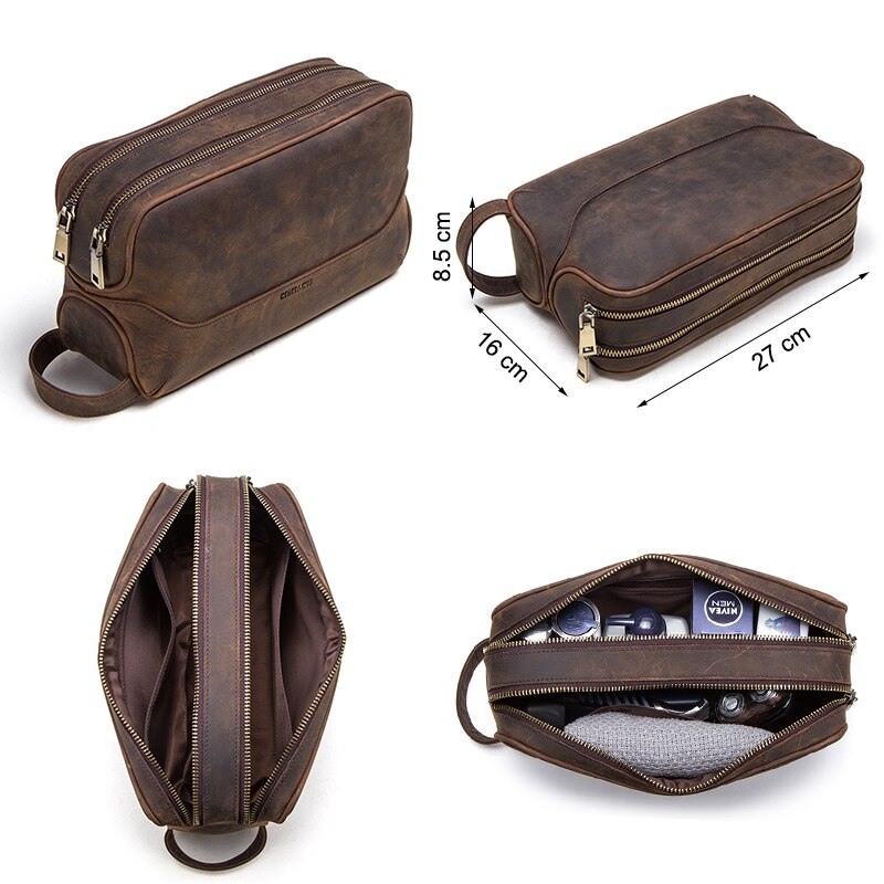 Contact's Genuine Leather Cosmetic Bag Men Luxury Large Capacity Men Makeup Pouch Organizer Travel Vintage Toiletry Bags Storage