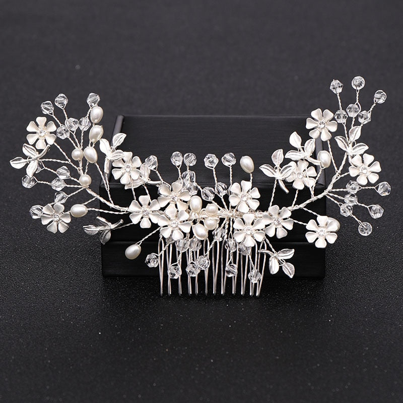 Silver Color Pearl Crystal Wedding Hair Combs Hair Accessories for Bridal Flower Headpiece Women Bride Hair ornaments Jewelry