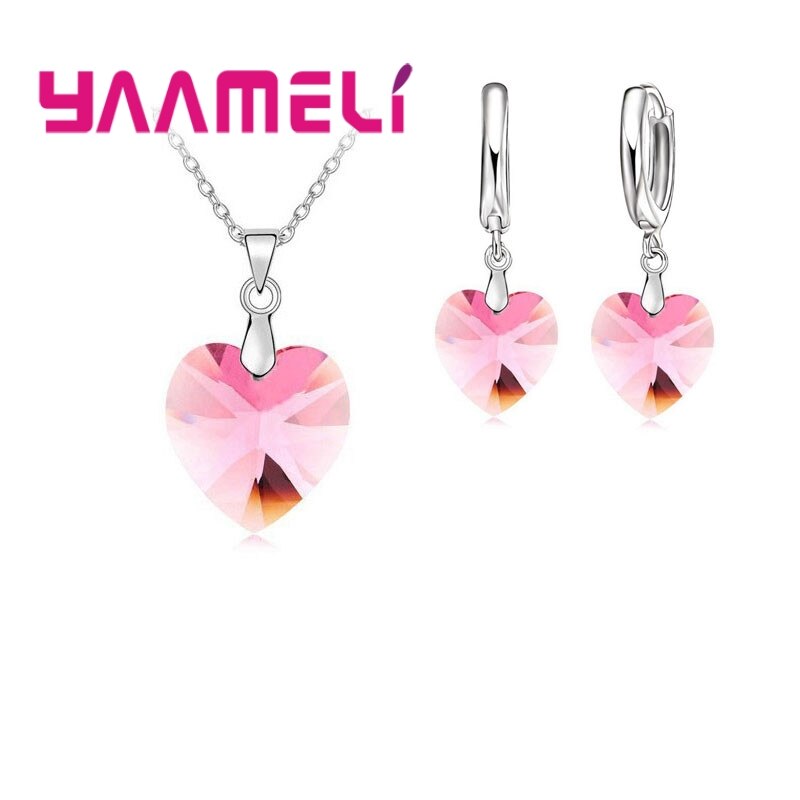 Love Heart Shape Women 925 Sterling Silver Bridal Jewelry Set For Wedding Fashion Crystal Pendants Necklaces Earring Set