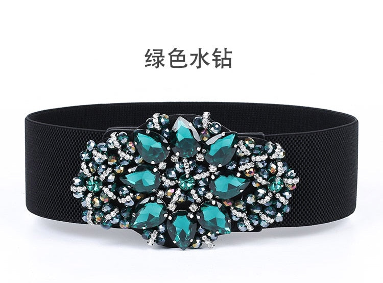 KASURE Luxury Shiny Diamond Wide Waist Belt For Woman Rhinestone Elastic Waistband Ladies Colorful Crystal Dress Decoration