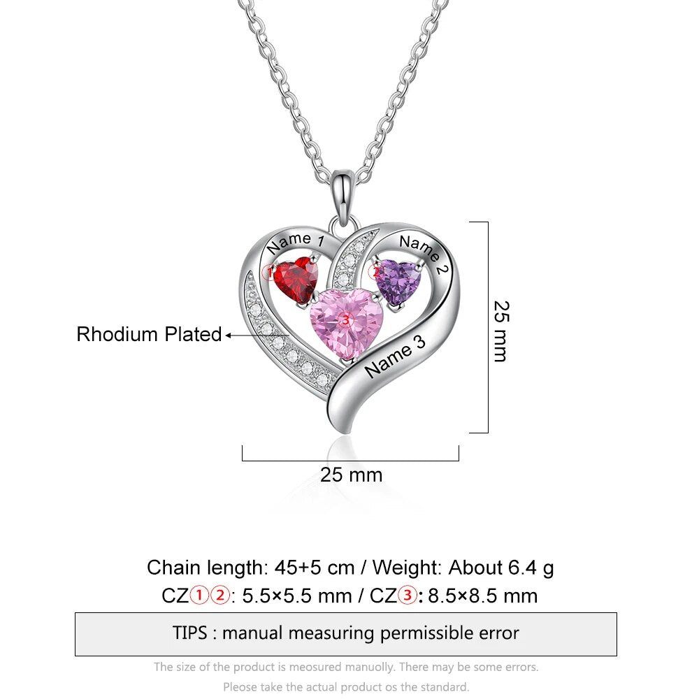 JewelOra Romantic Personalized Name Engraved Heart Necklaces for Women Customized 3 Birthstone Necklace Valentines Gift for Her