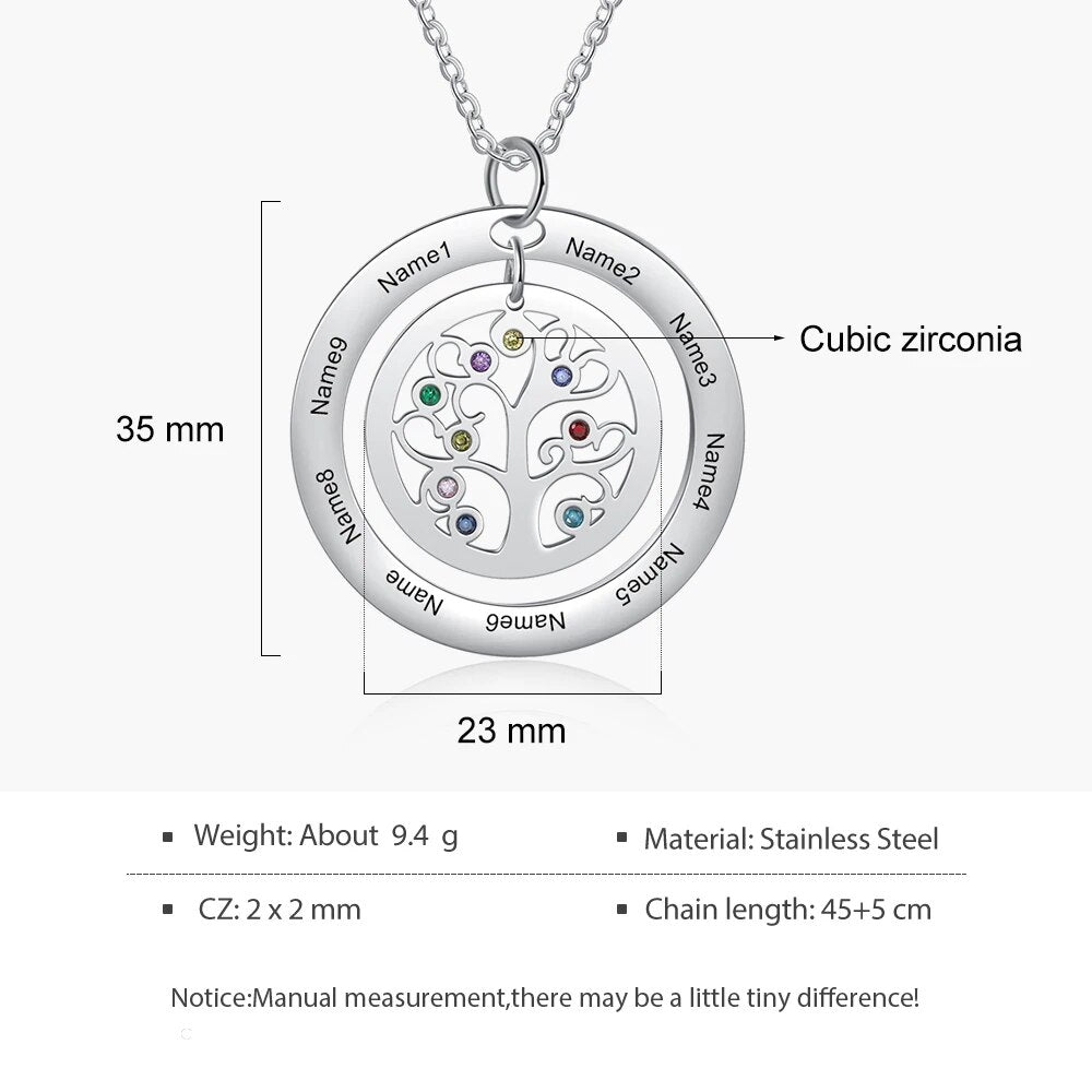 Personalized Family Tree Pendant Necklaces with 9 Birthstones Tree of Life Custom Name Necklaces Birthday Mother&#39;s Day Gifts