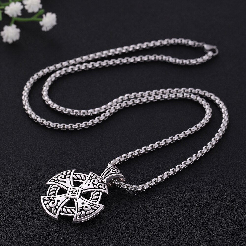 My Shape Cross Viking Shield Pendant Necklace Jewelry Tibetan Silvery Solar Cross Knot Religious Christian Irish Druid Leather