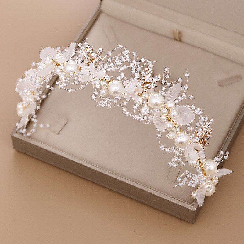 Luxurious Gold Pearl Rhinestone Hair Jewelry For Women Handmade Tiara Bridal Hair Bands Wedding Hair Accessories Gift Headpieces