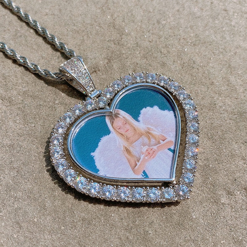 D&amp;Z Custom Made Photo Rotating Heart Shape Double-sided Pendant Necklace 4mm Tennis Chain Zircon Men&#39;s Hip hop Jewelry