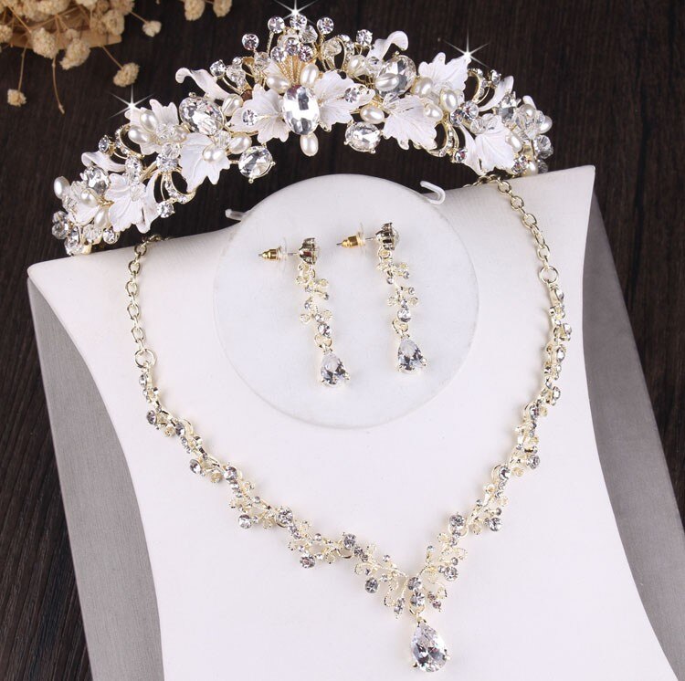 Baroque Vintage Gold Color Crystal Pearl Costume Jewelry Sets Rhinestone Choker Necklace Earring Tiara Crown Wedding Jewelry Set